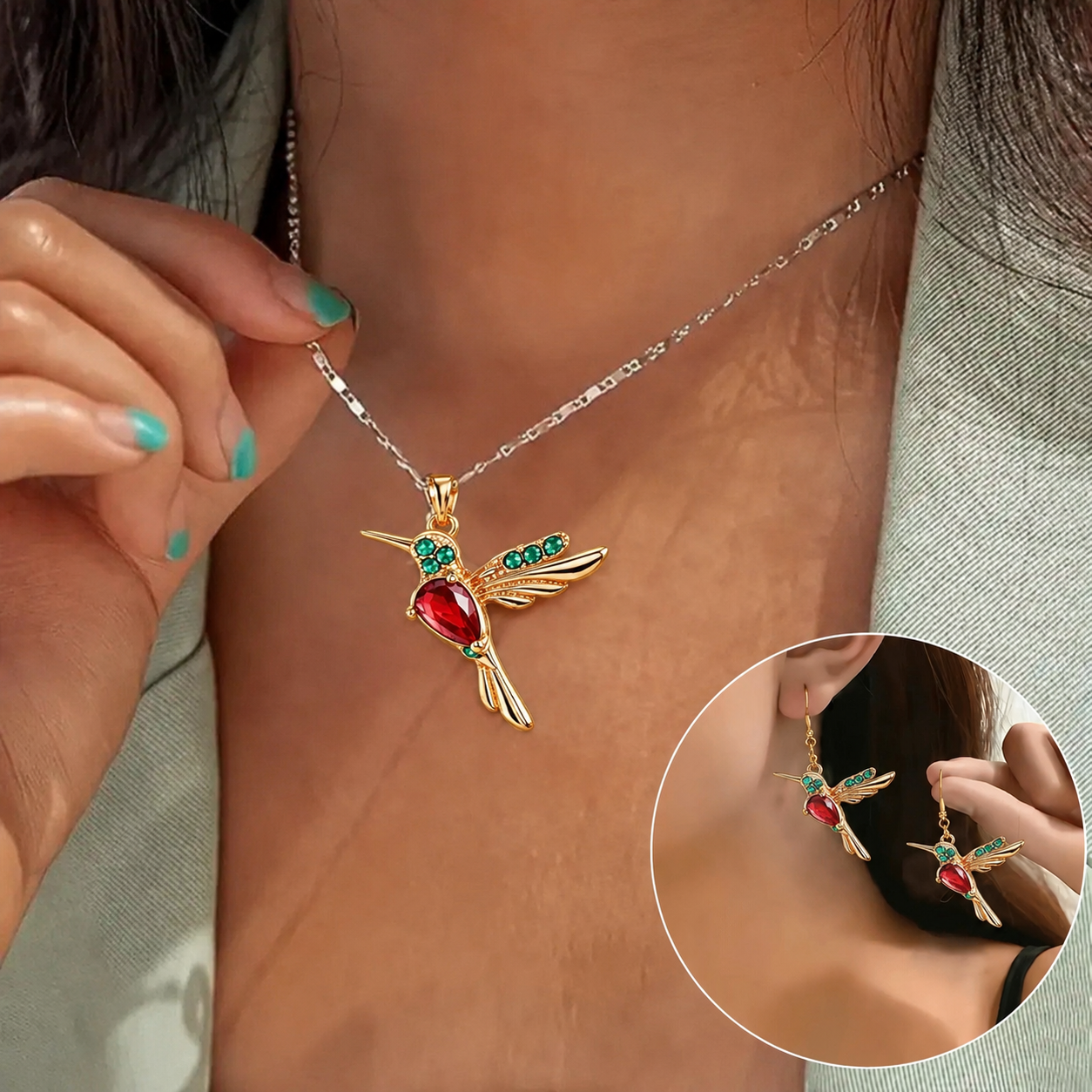 🔥 Last Day: 60% OFF!! | CZTICLE® 🦜2026 Brand-New Upgrade 💥 Exquisite Red Agate Hummingbird Necklace  with Bonus Earrings