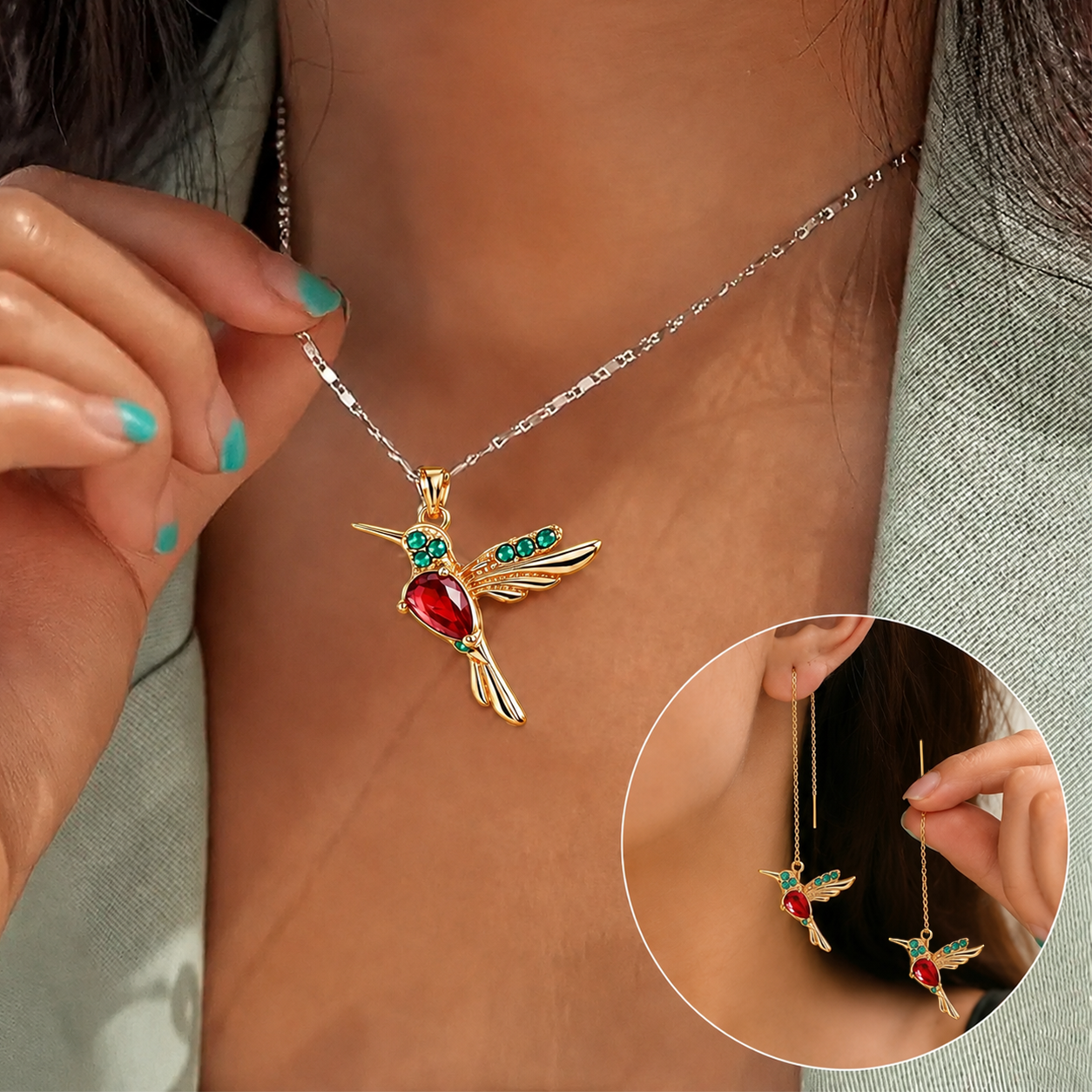 🔥 Last Day: 60% OFF!! | CZTICLE® 🦜2026 Brand-New Upgrade 💥 Exquisite Red Agate Hummingbird Necklace  with Bonus Earrings